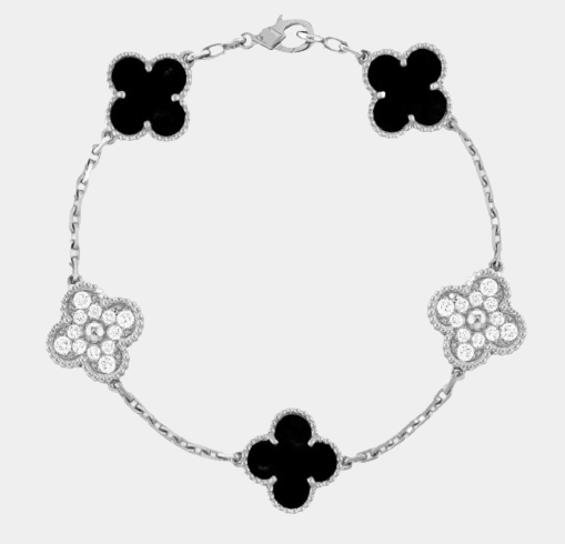 Clover Bracelet Onyx With Zircon Lucky Clover Four Leaf Flower Silver Charm Bracelet
