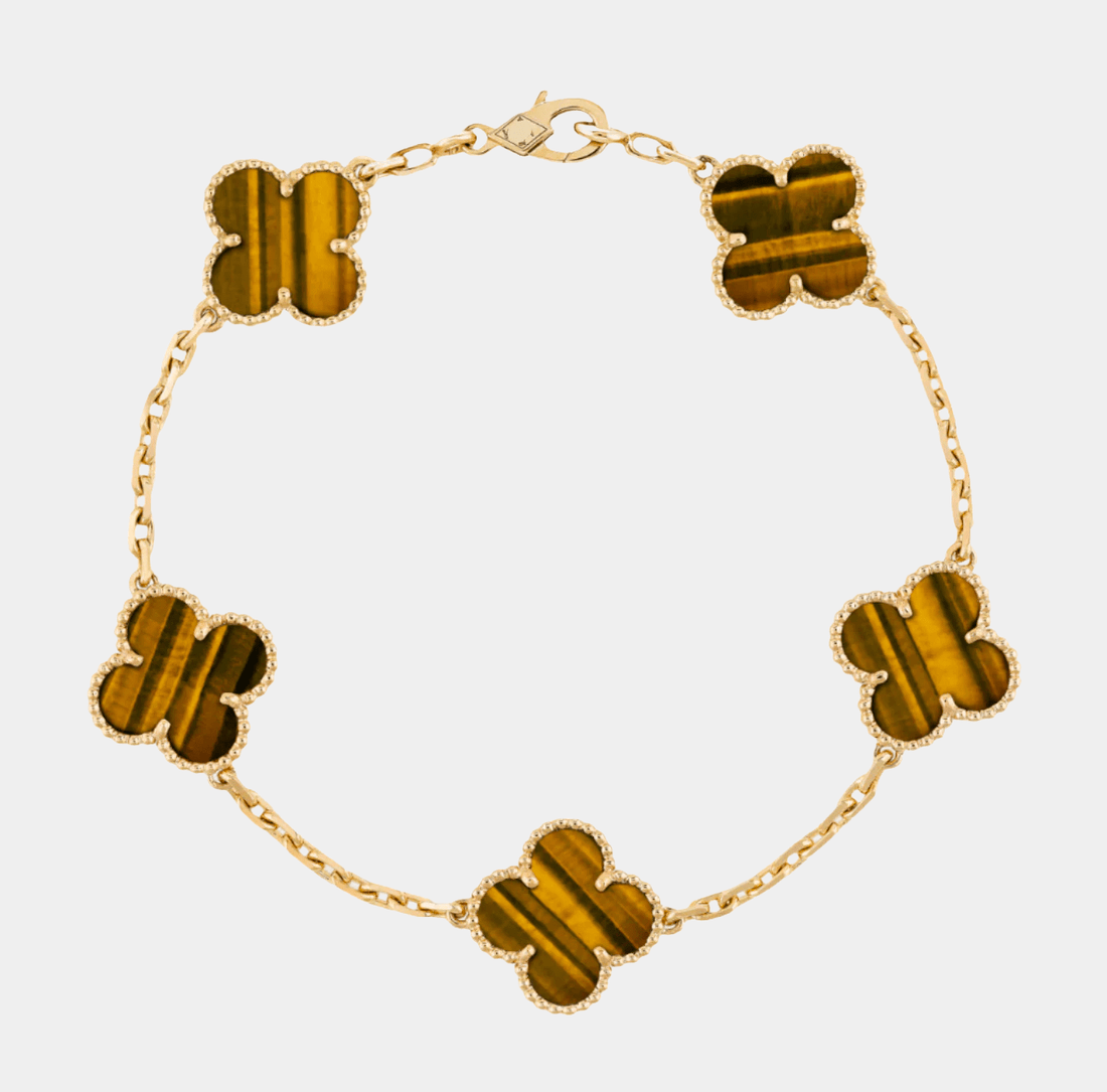 Clover Bracelet Tiger Eye Gemstone Four Leaf Flower 18k Gold Charm Bracelet