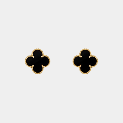 Clover Earrings Four Leaf Flower 18k Gold Onyx Gemstone