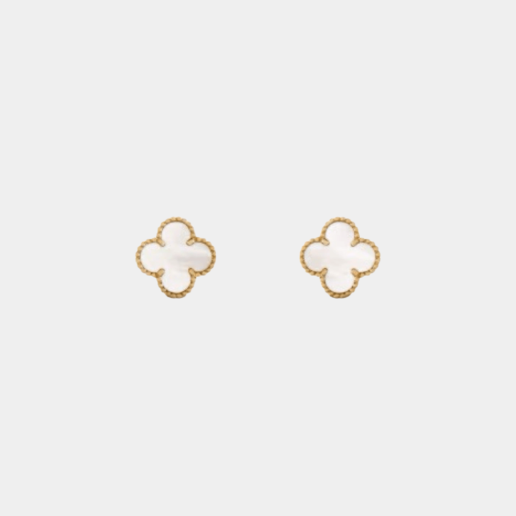 Clover Earrings Four Leaf Flower 18k Yellow Gold Mother of Pearl Gemstone