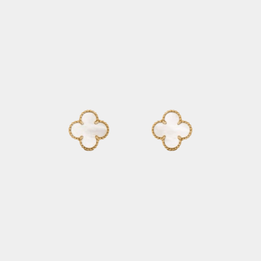 Clover Earrings Four Leaf Flower 18k Yellow Gold Mother of Pearl Gemstone
