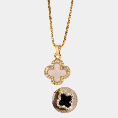 Clover Necklace 18k Gold With Zircon Trim Double Sided Four Leaf Clover Flower