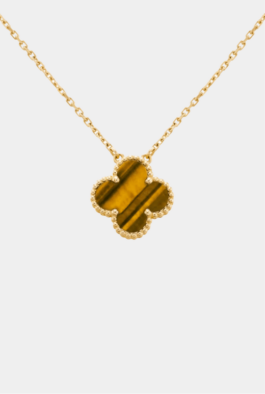 Clover Necklace Four Leaf Tiger Eye Gemstone 18k Gold Pendant Necklace