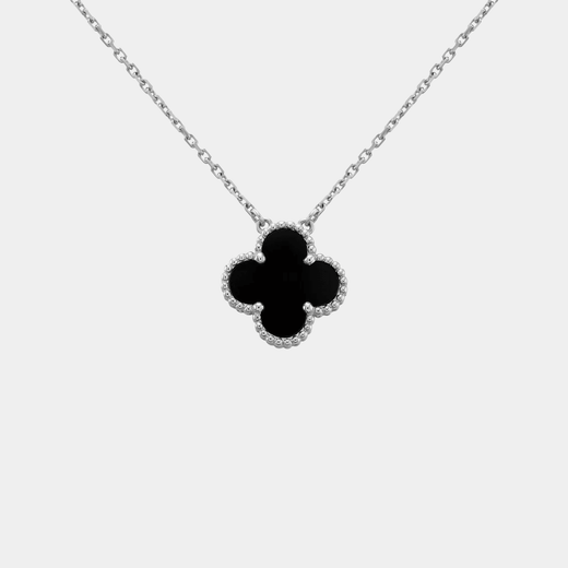 Silver Clover Necklace Four Leaf Onxy Flower Pendant