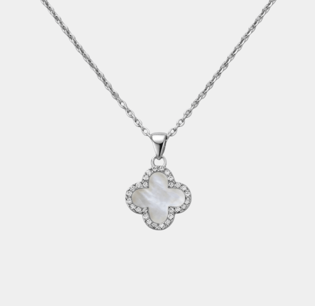 Clover Necklace Silver With Zircon Trim Double Sided Four Leaf Clover Flower
