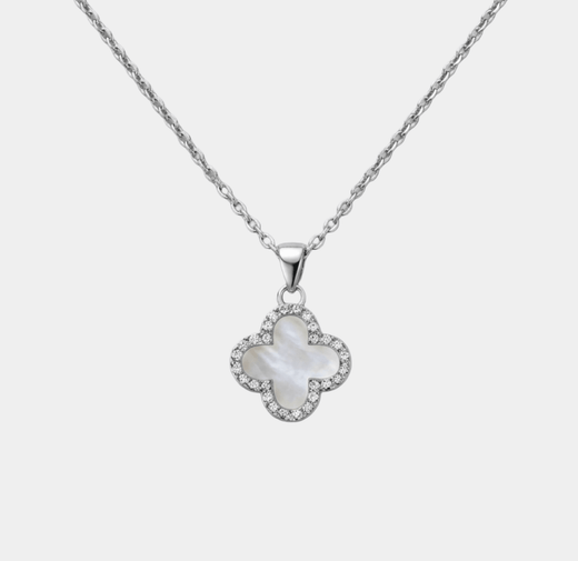 Clover Necklace Silver With Zircon Trim Double Sided Four Leaf Clover Flower