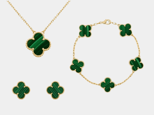 Clover Set Malachite 18K Gold Necklace With Matching Bracelet & Earrings