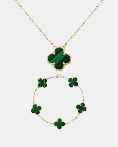 Clover Set Malachite Necklace With Matching Bracelet 18k Gold