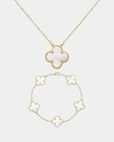 Clover Set Mother Of Pearl Necklace With Matching Bracelet 18k Gold