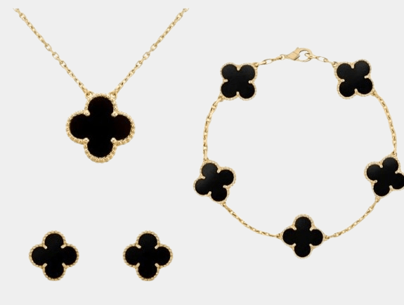 Clover Set Onyx Necklace 18K Gold With Matching Bracelet & Earrings