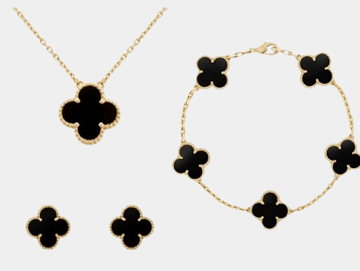 Clover Set Onyx Necklace 18K Gold With Matching Bracelet & Earrings